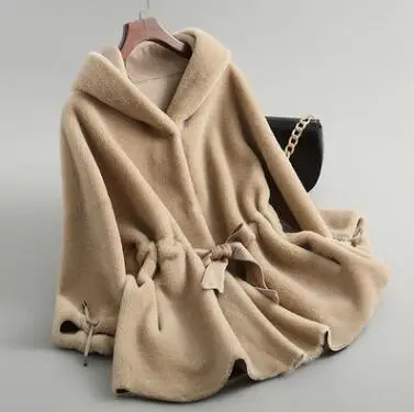 Camel Женское зимнее пальто из натурального меха овечья стрижка женская Повседневная теплая Натуральная Овечья шерсть шерсть меховое пальто с капюшоном R55 - Цвет: Camel