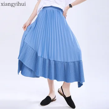 

Casual Streetwear 2020 New Summer Elastic High Waist Women Long Ruffles Skirt Solid Black White Blue Female Asymmetric Skirts