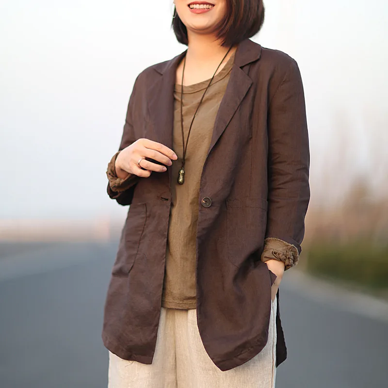 

Korean-style Literature And Art Casual Elegant Mid-length Solid Color Flax Small Suit Coat Women's Slimming Long Sleeve 2019 Spr