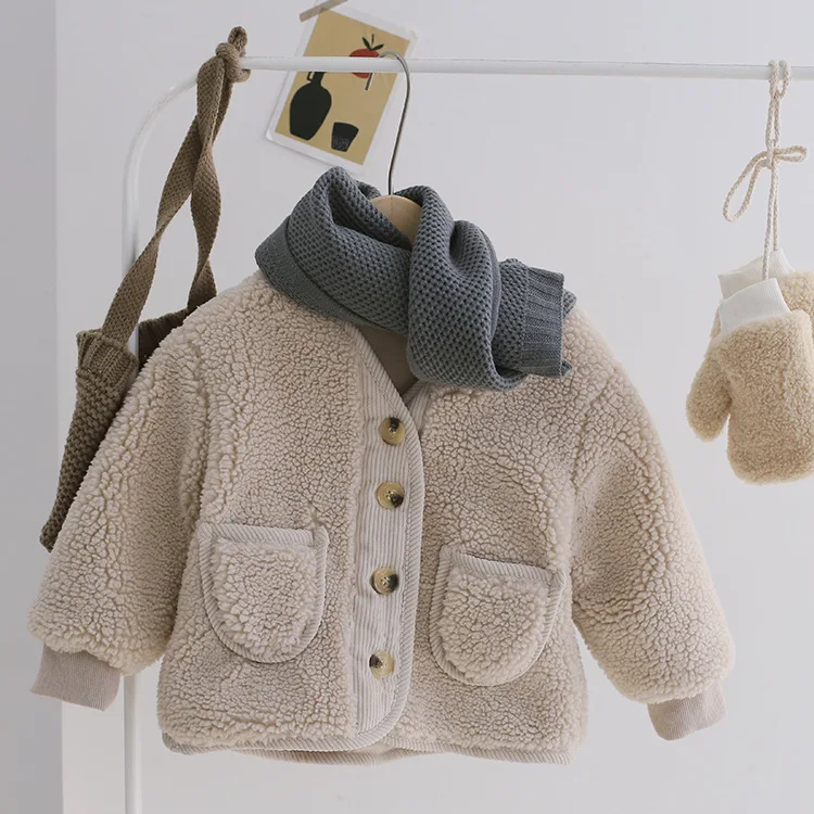 Зимние Детские флисовые пальто унисекс в Корейском стиле с имитацией овечьей шерсти утепленная верхняя одежда стеганые куртки для мальчиков и девочек - Цвет: beige