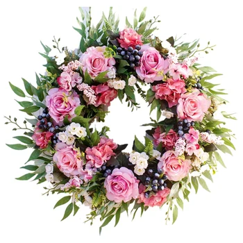 

55cm Rose Wreath, Large Rustic Farmhouse Decorative Artificial Flower Wreath, Faux Floral Wreath for Front Door Window Wedding O