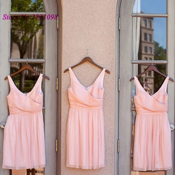

Pink Short Wedding Party Dress 2020 Cheap Bridesmaid Dresses Above Knee Chiffon V Neck Back Custom Made Vestido de Festa Curto