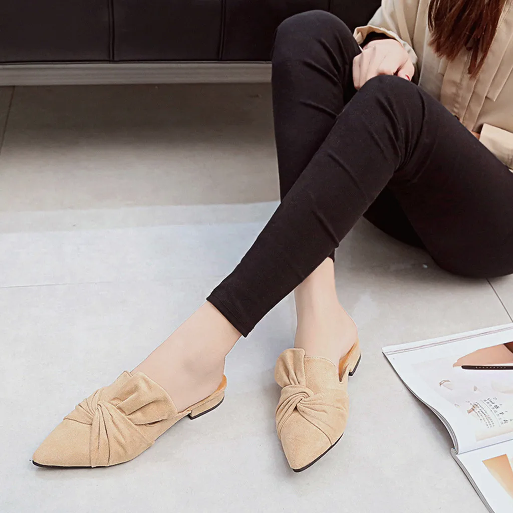 

2019 spring and summer Women's Slippers Slip-On Fashion Flock Bowtie Mules Pointed Toe Flat Heel Sets Semi Slippers