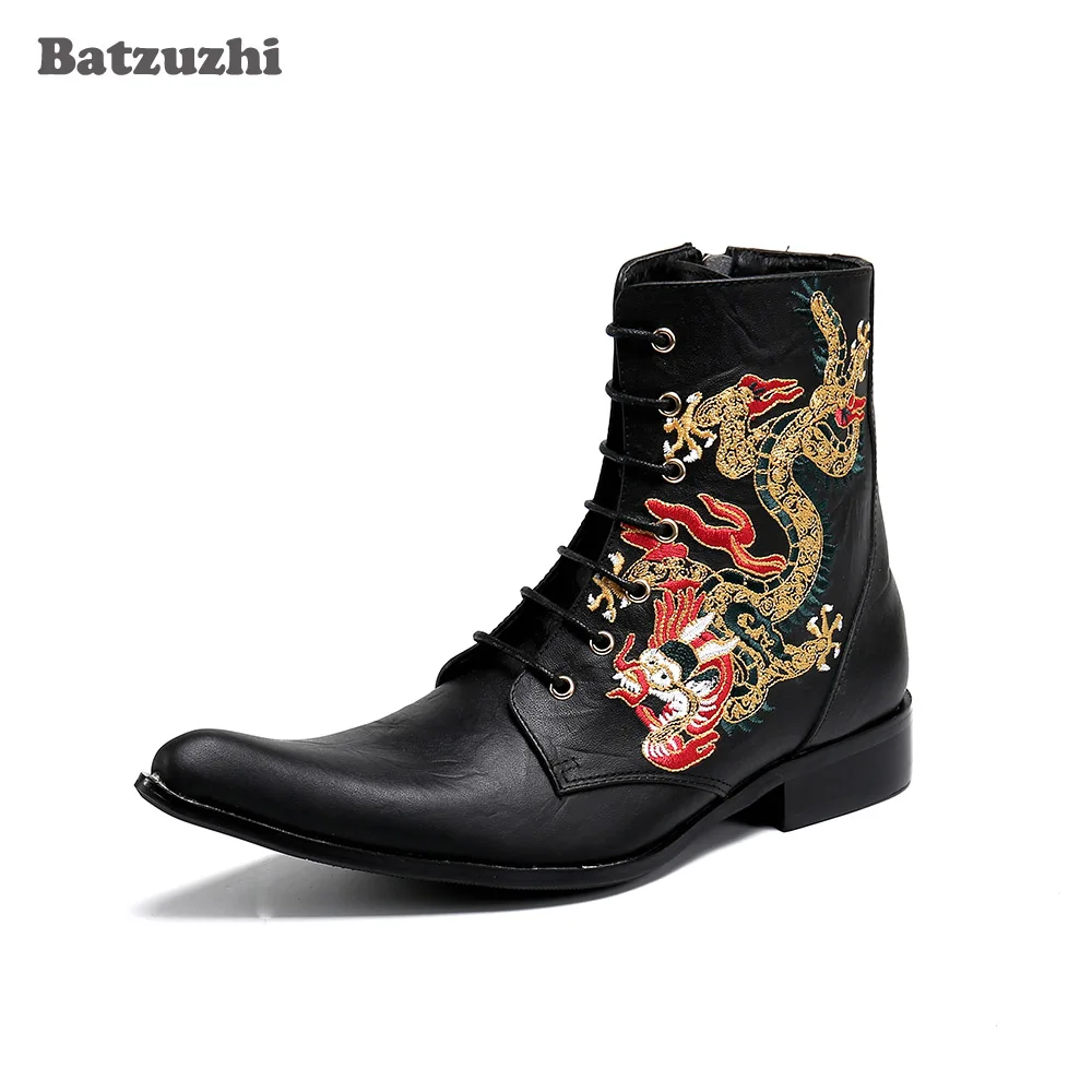 Batzuzhi Luxury Handmade Men's Boots Shoes Pointed Toe Embroidery Black Leather Ankle Boots Men Motorcycle/Biking Botas Hombre