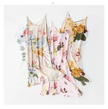 

Multicolor Printing Floral Cotton Viscose Pijama Feminino Sexy V-neck Cross Back Nightwear Dress Sexy Nightwear Female Nightgown