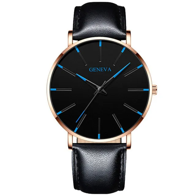 2021 NEW Watch Men Stainless Steel Mesh Belt Quartz Minimalist Ultra Thin Watches Men's Sports Leather Watch relogio masculino Leather Rose Blue