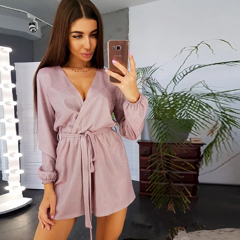 Women Vintage Sashes Gold wire Jumpsuit Long Sleeve Sexy V neck Solid Casual Elegant Romper Autumn New Fashion Shorts