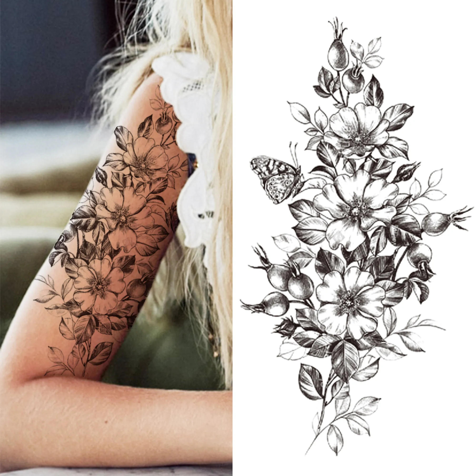 Tatouage Orchidée Noir Et Blanc Tatouage temporaire Sexy fleur de lys pour femmes, pour filles adultes,  éléphant noir, Rose, autocollant, faux orchidée, papier | AliExpress