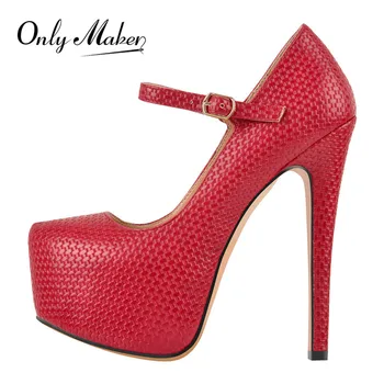 

Onlymaker Women Platform Mary Jane Ankle Strap Stiletto Pumps 15~16cm Thin High Heels Dress Buckle Big Size Lady Shoes