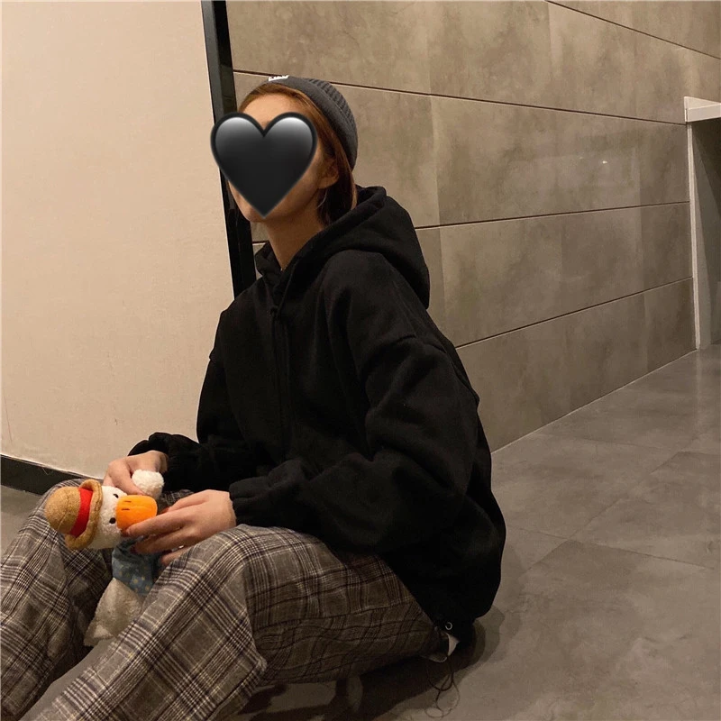 Осень Harajuku толстые толстовки женские корейские однотонные свободные пуловеры с капюшоном с заниженным плечом студенческие шикарные флисовые теплые толстовки