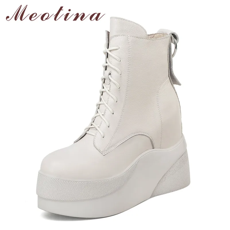 

Meotina Genuine Leather Platform High Heel Short Boots Women Shoes Zip Cross Tied Wedge Heels Ankle Boots Autumn Winter Black 40