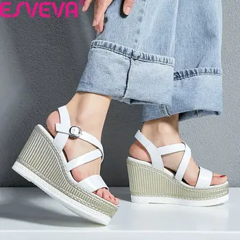 

ESVEVA 2020 Platform Rome Fashion Ladies Pumps Cow Leather Buckle Summer Women Shoes Wedge High Heel Open-toed Sandals Size34-39
