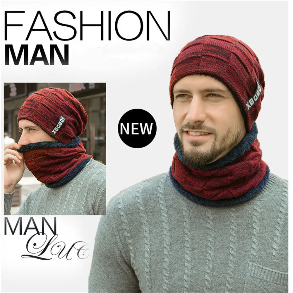 Шапка шарф набор утолщение плюс бархат теплые вязаные шапки шеи теплая зимняя шапка/шарф с толстой флисовой подкладкой для мужчин и женщин