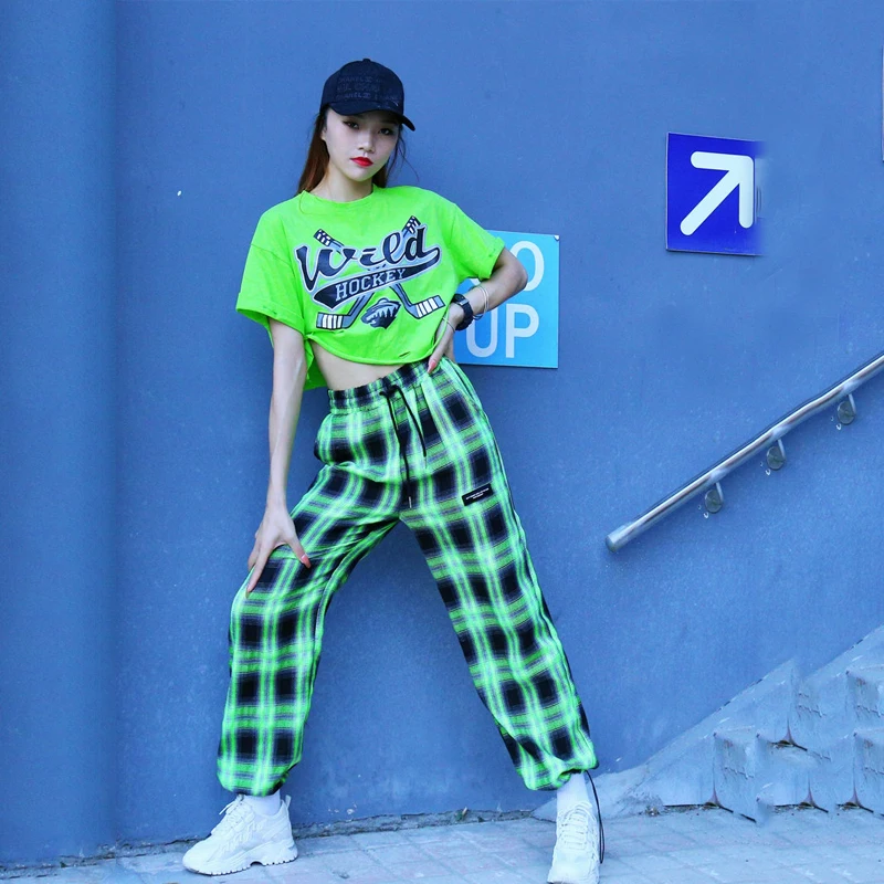 

Женский костюм для джазовых танцев, комплект из укороченного топа и брюк в клетку с завышенной талией в стиле хип-хоп, XS2227