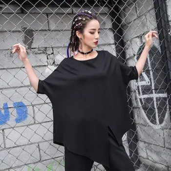 

WOMENGAGA 2020 summer new Large size irregular women's loose round neck short solid casual streetwear shirt personality a040