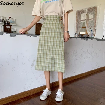

Skirts Women Green Plaid Long Skirt Kawaii High Waist Womens Korean Style All Match Comfortable Summer New Fashion A-line Chic