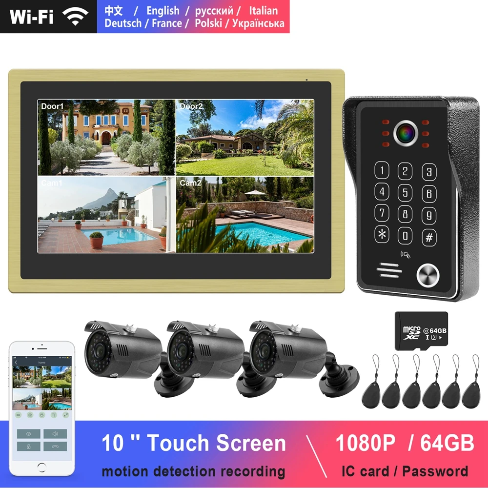 WiFi Video Intercom 10 Inch Touch Screen Monitor  1080P Keypad Call Panel RFID Doorbell Home Intercom Surveillance Camera System