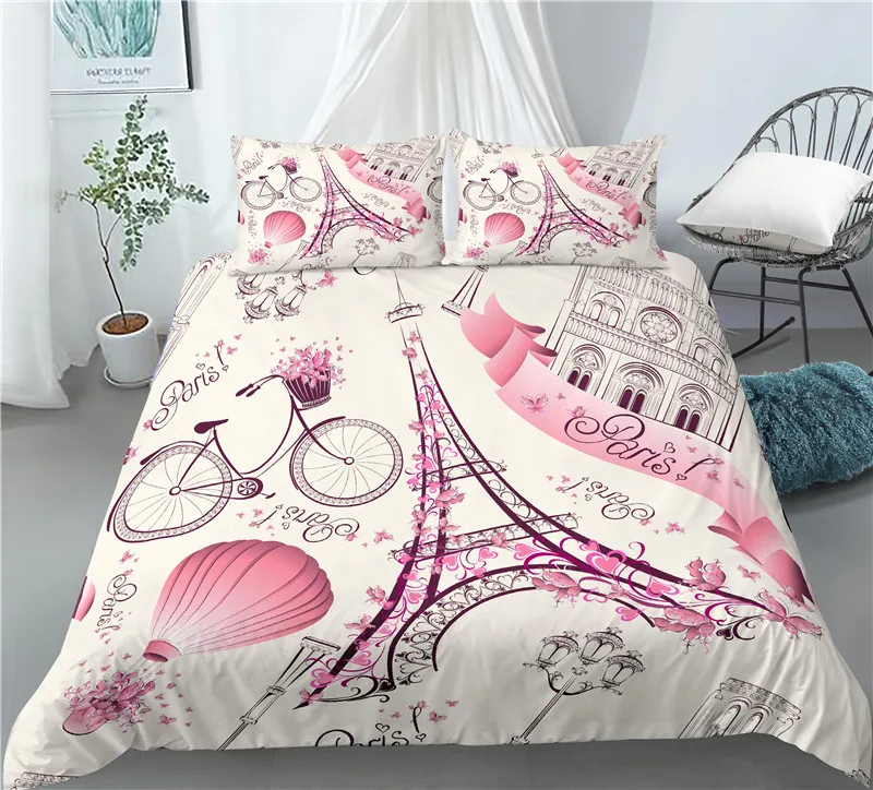 Paris Eiffel Tower Duvet Cover & Pillowcases Blossom Paris Romantic Bedding Set 