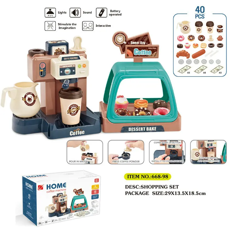 Light Outflow Water Simulation Cash Register Coffee Machine Dessert Shop  3in1 Shopping Set Play House Kids Toys Games for Girls