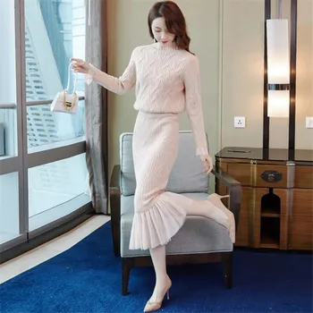 

Knitted 2 Pieces Set Women Pullovers Sweater Crop Tops & Knitted Skirts Bodycon elegent Lady 2PCS Suits Sets 2020 Winter