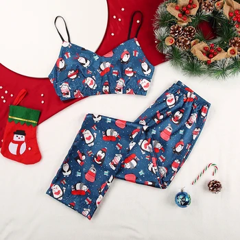 

HECHAN Cute Penguin Pattern Female Sleepwear Satin Spaghetti Strap Print Pants Christmas Pajamas Women 2 Piece Set Homewear Suit