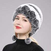 Hot Sale Winter Women Flowers Striped Natural Real Rex Rabbit Fur Hats Lady Warm Knit Genuine Fur Caps Russian Outdoor Fur Hats 2