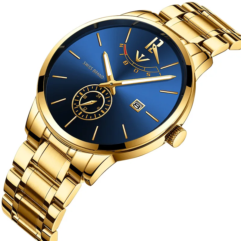 Gold blue steel Часы nibosi мужские модные часы люксовый бренд водонепроницаемые полностью Стальные кварцевые аналоговые часы с календарем Мужские наручные часы - Цвет: Gold blue steel