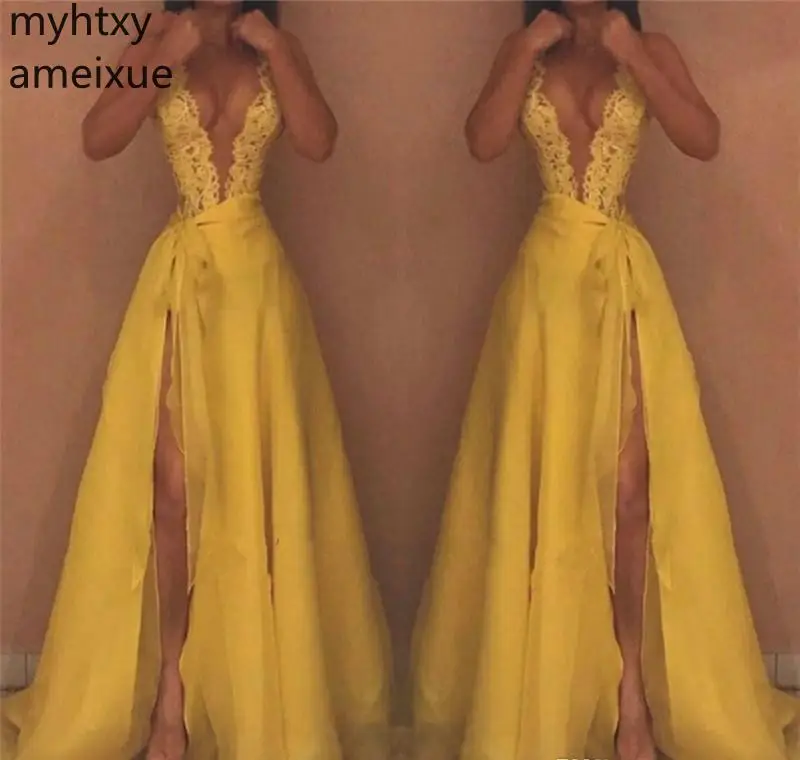 Hot High Quality Yellow Evening Dresses Deep V Neck Sexy Lace Formal  Holiday Wear Celebrity Party Gowns Plus Size Custom Made - Evening Dresses  - AliExpress