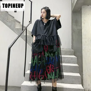 

Summer Loose Round Neck Thin Splicing Mesh Dress Splice Commute With Button Polyester Dresses For Ladies Korean Style