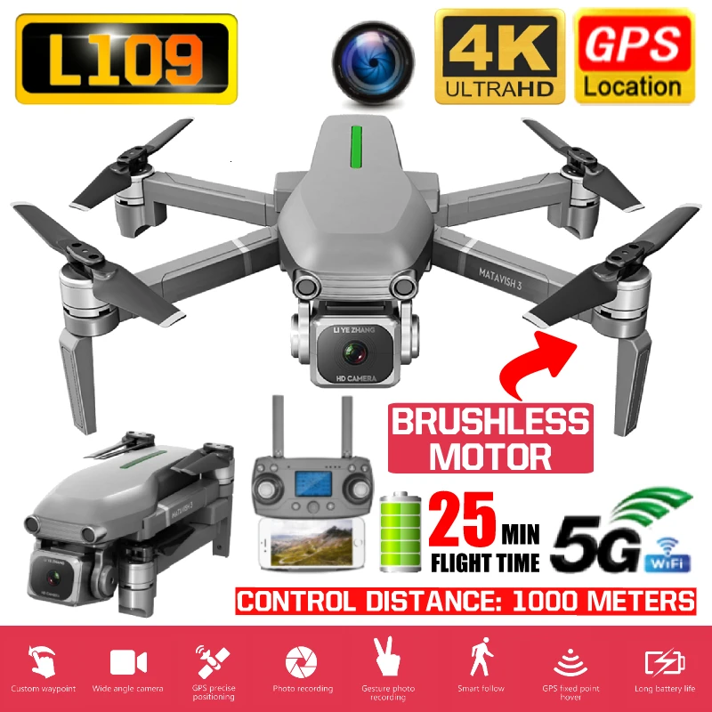 

RC Quadcopter L109 Drone GPS 4K HD Camera 5G WIFI FPV Brushless Motor Foldable Selfie Drones Professional 1000m Long Distance