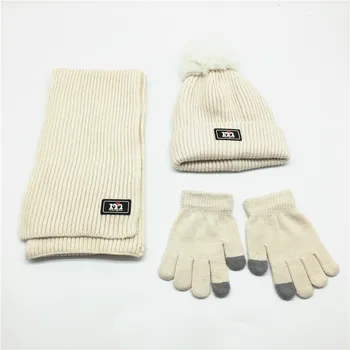 

Kids Solid Scarf Hat Glove Set Faux Fur Pompom Set Velvet Fleece Soft Lining Hat Children Beanie Mitten Winter Sets Navy Pink