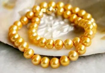 

925silver Yellow Gold HOT 18" 9-10MM REAL AUSTRALIAN SOUTH SEA GOLDEN PEARL NECKLACE