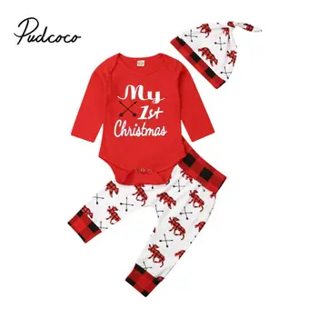 

pudcoco 2019 Baby Girls Boys Clothes Newborn For Female Outfit Infant Clothing Set My First Christmas Children Xmas Suits 3pcs