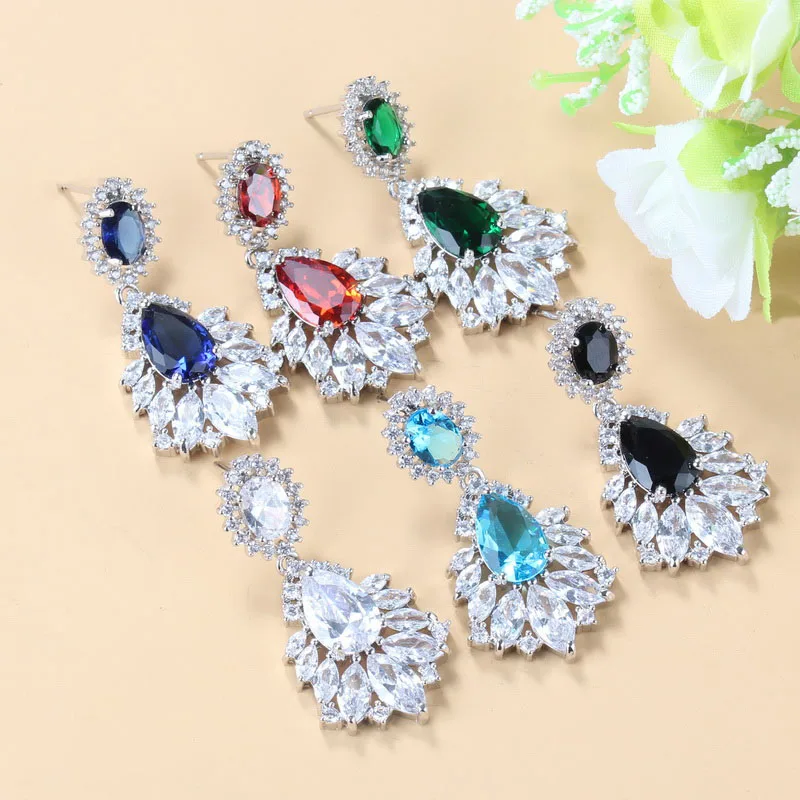 

AAA+ Quality 925 Sterling Silver Luxurious Natural Crystal Zircon Wedding Big Long Stud Earring For Women Bridal Jewelry