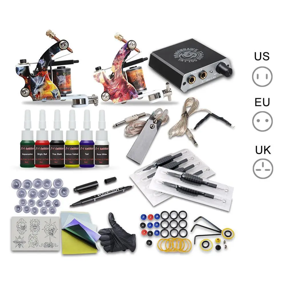 

Beginner Tattoo Kit 2 Tattoo Machines Gun Black Ink Set Power Supply Grips Body Art Tools Set Tattoo Permanent Makeup Tattoo set