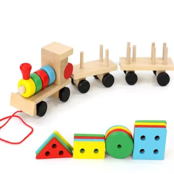 

New Baby Toys Kids Trailer Wooden Train Vehicle Blocks Geometry/Colour Congnitive Blocks Child Education Birthday/Christmas Gift