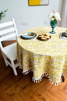 

Nordic Cotton Linen Stripe Designs Tablecloth With Tassels Circular Wedding Dining Table Cloth Lace Kitchen Table Cover
