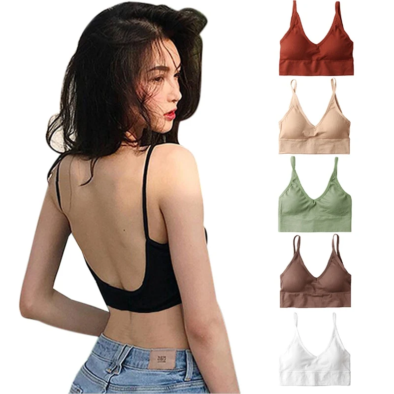 

Sexy Triangle Cup Bra Japanese Style Beautiful Back Bottoming Tube Top Solid Color No Steel Ring Elastic V-Neck Vest