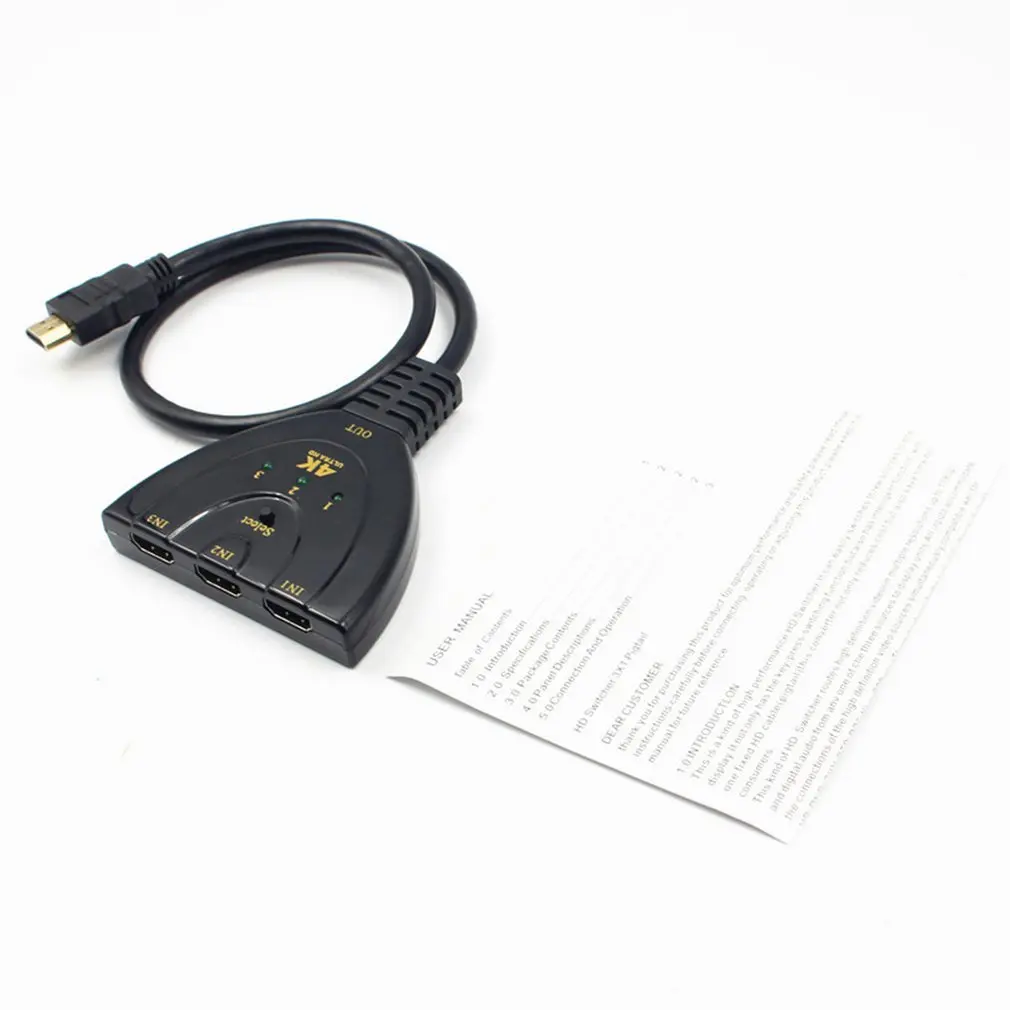 GANA HDMI Switch 3 Port 4K HDMI Switch 3x1 Switch Splitter with Pigtail Cable