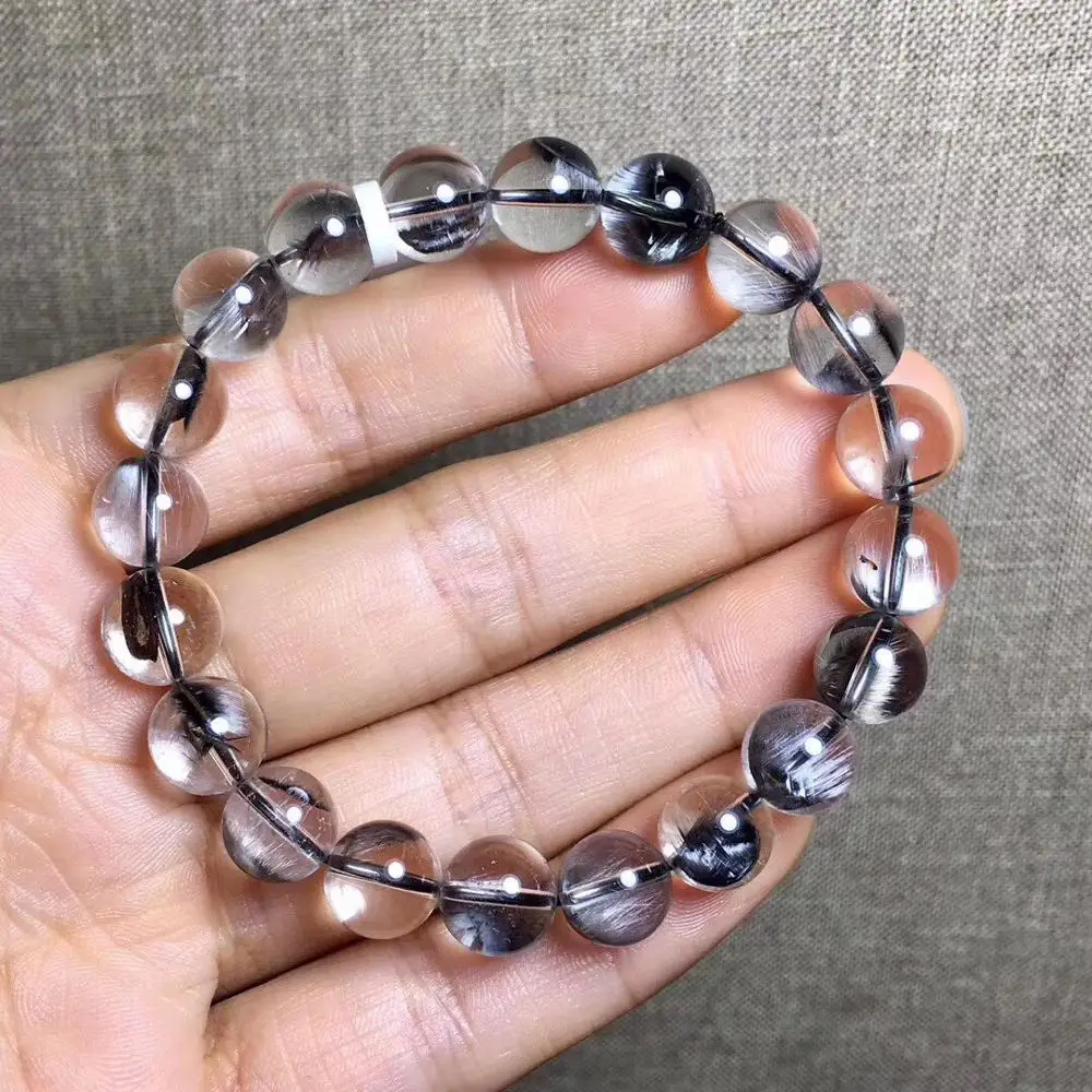 

Top Natural Brookite Platinum Silver Rutilated Quartz Bracelet Woman 9.2mm Clear Round Beads Gift Crystal Stretch AAAAA