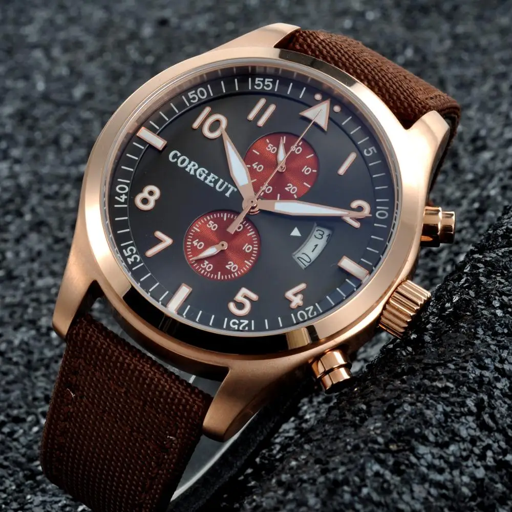 

Top brand Corgeut46mm Rose Gold Case aseptic dial fully automatic timing men's quartz watches date waterproof men's watches