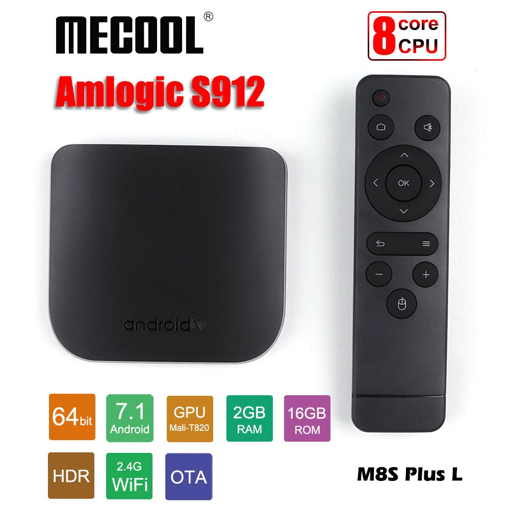 Mecool Android tv Box Восьмиядерный Amlogic S912 2 ГБ 16 ГБ тонкий смарт медиаплеер 2,4 г WiFi Android7.1 ТВ коробка M8S Plus L