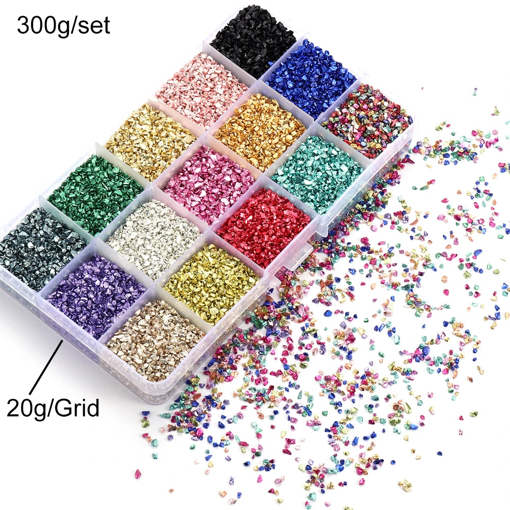 15 Grid/Box Glass Metal Crushed Stones Silicone Resin Fillings Kit For DIY Epoxy Resin Mold Nail Art Decoration Filler Set 300g
