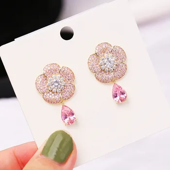

earring jewelry Fashion diamond earing earrings for women 925 Silver Needle Pink zircon flower female zircon water 102