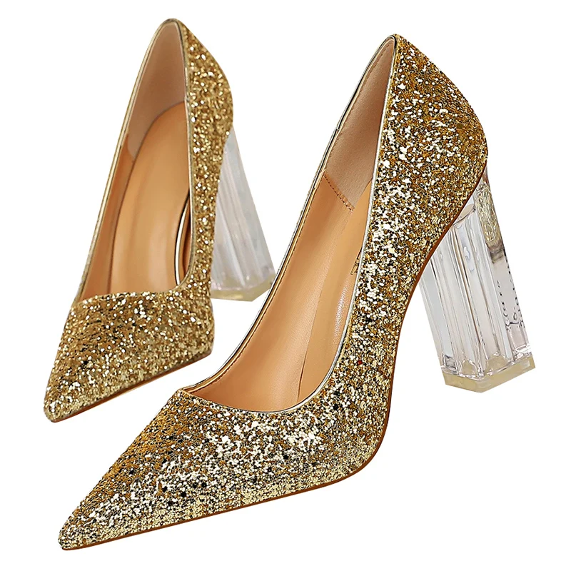 gold block heel pumps