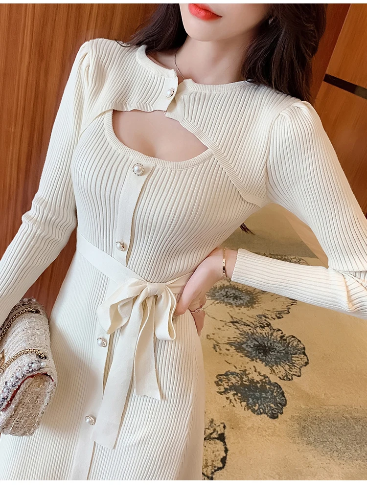 2020 single breasted lace autumn dress Elegant Korean version of women's knitted dress simple stretch work office