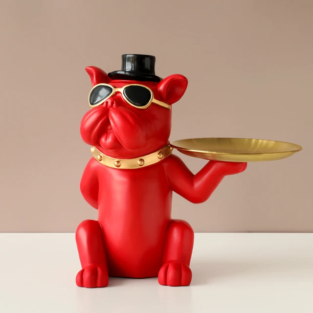Green Bulldog with Metal Tray Table décor Resin Dog statue home decoration Dog Figurine with Decorative Tray for Keys Jewelry Red