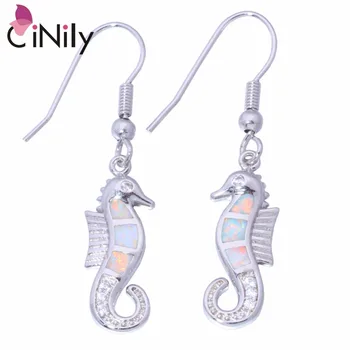 

CiNily Created White Fire Opal Cubic Zirconia Silver Plated Wholesale Sea Horse for Women Jewelry Dangle Earrings 1 1/2" OH3674