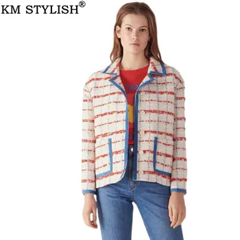 

2019 Autumn New Women's Jacket Coat French Sand Temperament Fashion Lapel Collar Color Plaid Tweed Short Jacket for female