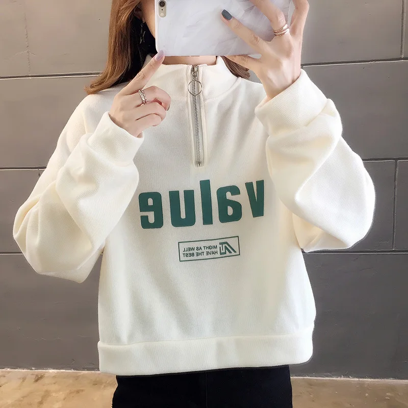 

Hooded Sweatshirts Women 2019 Autumn Winter Fleece Hoodie Letter Embroidery Solid Color Loose Tracksuit With Pocket